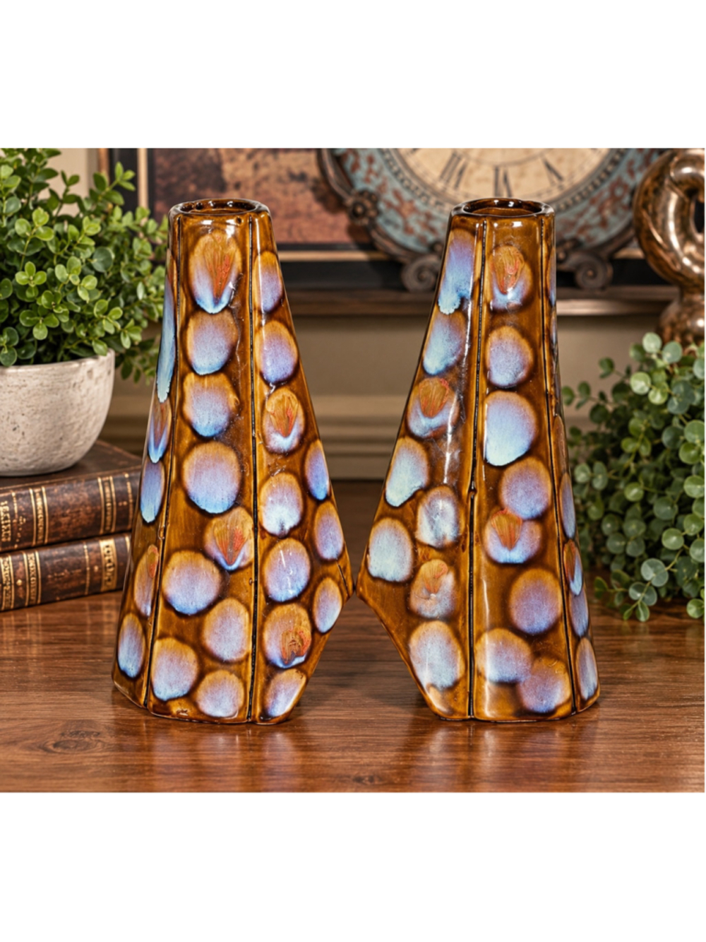 2 Unique Glazed Ceramic Vases with Polka Dot Design